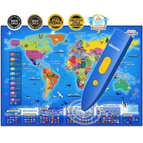 Qiaojoy Bilingual Interactive World Map for Kids Learning and Educational Toys, Talking Electronic Kids World Map i-Poster Geography Games Ages 3 to 12 Years Old, Custom Talking Birthday Gifts Card Qiaojoy Bilingual Interactive World Map for Kids Learning and Educational Toys, Talking Electronic Kids World Map i-Poster Geography Games Ages 3 to 12 Years Old, Custom Talking Birthday Gifts Card