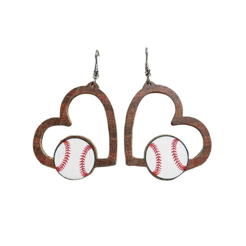 Wooden Sports Ball Earrings Sport Ball Heart Leopard Print Dangle Earring Round Heart-Shaped Baseball Basketball Volleyball Football Drop Earrings Sports Fans Players Jewelry for Women Girls-E