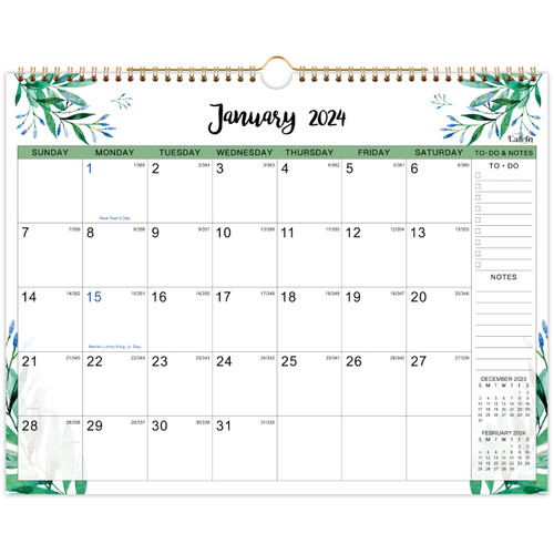 Calendar 2024-12 Monthly Wall Calendar 2024, Jan 2024 - December 2024, 14.6" x 11.5", Twin-Wire Binding + Hanging Hook + Thick Paper + Unruled Blocks with Julian Dates - Green Leaves