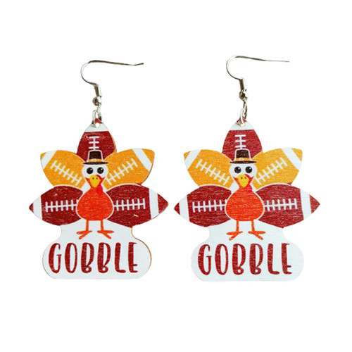 Wooden Thanksgiving Fall Dangle Earrings Handmade Wood Turkey Pumpkin Maple Drop Earring for Women Girl Autumn Jewelry-Turkey C