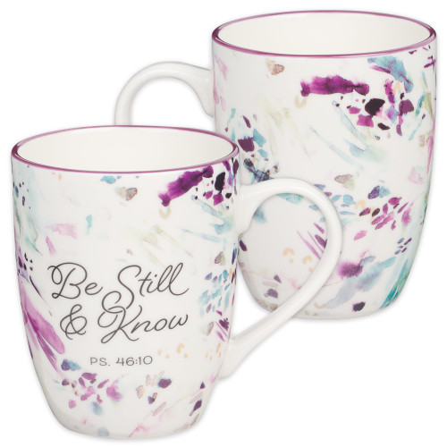 Christian Art Gifts Ceramic Coffee and Tea Mug for Women: Be Still and Know - Psalm 46:10 Inspirational Bible Verse, Abstract Design, Purple, 12 oz.