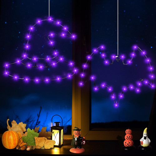 2 PCS Halloween Window Decorations Lights, Purple Witch Hat/Bat Hanging Lights,Halloween Iron Frame Silhouette Lights for Holiday Home Party Decor