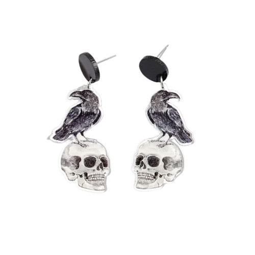 Halloween Earrings Unique Acrylic Skull Pumpkin Ghost Spider Bat Earrings Halloween Party Jewelry-Crow Skull