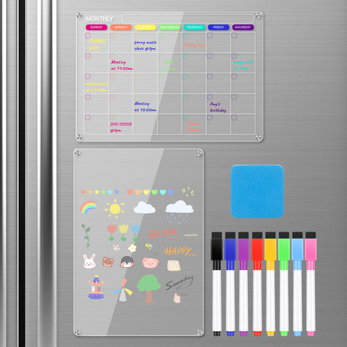 Acrylic Magnetic Dry Erase Board and Calendar for Fridge, 2 Pcs Clear Dry Erase Board for Refrigerator, Reusable Planner Board Calendar Includes 8 Magnetic Dry Erase Markers 8 Colors & Magnetic Eraser