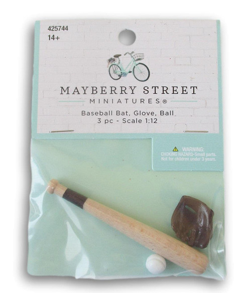 Dollhouse and Craft Miniatures - Baseball Bat, Glove, and Ball - 3 Count - Scale 1:12