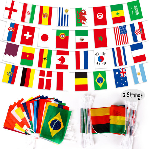 2022 World Cup Flags - 2 PCS 2022 Qatar World Cup String Flags Bunting 32 Teams Countries Flag Banners, 2022 World Cup Decorations Flag for Football Sports Bar Soccer Restaurant Fan Club Party Events