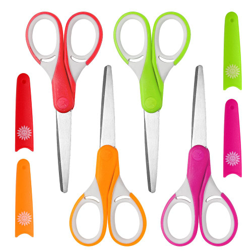 Potamish Kids Scissors (4-Pack, Rounded-tip, 5.2''), Small Safety Scissors Blunt-tip Toddler Scissors with Cover, Soft Grip Kid scissors for School Classroom Children, Assorted Colors PM-041-A