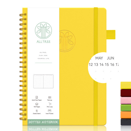 Spiral Dot Grid Notebook Journal, Dotted Paper Notebook, Hardcover Spiral Notebook, Medium A5, ALLTREE Twin Wire Spiral Bound Notebook with Date & Month Recording, Pen Loop, Pocket, Stickers, Ribbon, 160 Pages, Journal for Women & Men, Yellow(6"x8.5"