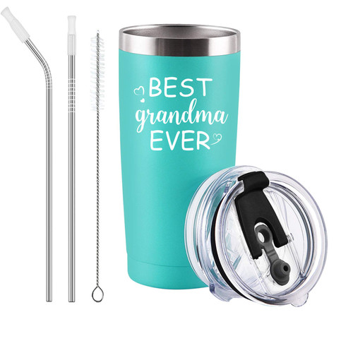 GINGPROUS Best Grandma Ever Gift, Funny Mother's Day Birthday Christmas Gifts for Grandma Grandmother Gigi Granny, Stainless Steel Insulated Travel Tumbler with 2 Lids and Straws(20 Oz, Mint)