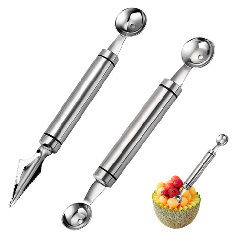 2 Pack Stainless Steel Double-Headed Melon Ballers, Melon Baller Scoop Fruit Carving Tools Digging Ball Spoon Salad Scoop for Fruit Ice Cream Dual Function