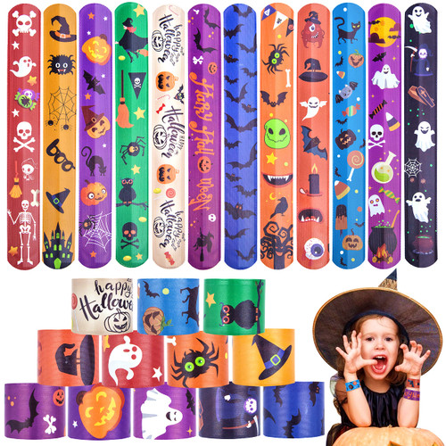 60Pcs Halloween Party Favors Slap Bracelets Bulk for kids, Halloween Toys with Bat Spider for Halloween Treats non Candy/Classroom Prizes/Exchanging Gifts/Party Supplies for Girls/Boys/Adults