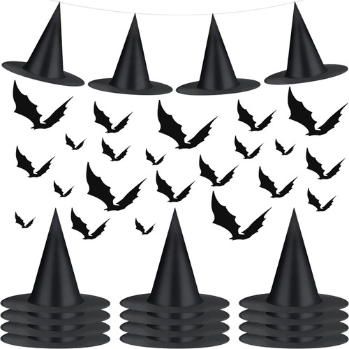 61 Pcs Halloween Witch Hat and Halloween Bat, Halloween Witch Decor with Rope 3D Bat Decor Stickers, Halloween Party Decor Cosplay Witch Costume Accessory Favor
