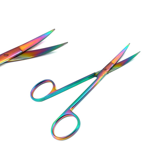 OdontoMed2011 Multi Titanium Rainbow Color Fine Point Scissors 4.5" Curved with one Serrated Blade Stainless Steel Multi Color Rainbow Color Iris Scissors ODM OdontoMed2011 Multi Titanium Rainbow Color Fine Point Scissors 4.5" Curved with one Serrated Blade Stainless Steel Multi Color Rainbow Color Iris Scissors ODM