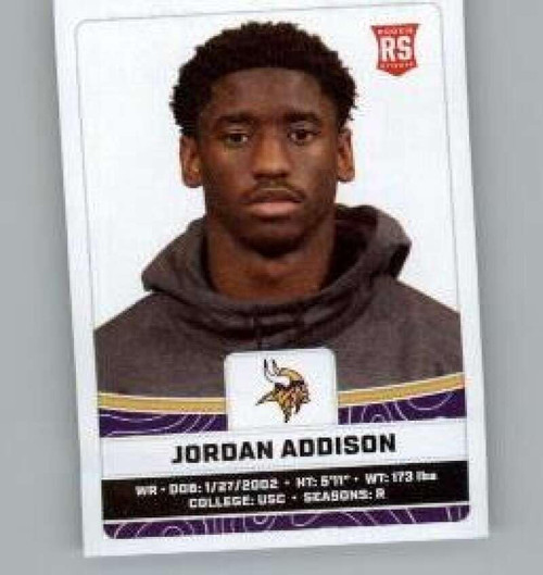 2023 Panini Stickers #419 Jordan Addison RC Rookie Minnesota Vikings Official Thin Mini Sticker NFL Football Trading Card