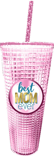 Spoontiques - Diamond Tumbler - Textured Cup with Straw - Double Wall Insulated and BPA Free - 20 oz - Mom