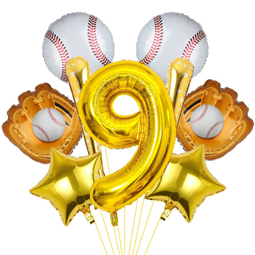 9pcs Baseball Balloons, Baseball Birthday Number Mylar Foil Balloon Baseball Party Supplies Baseball 9th Birthday Decorations (9th)
