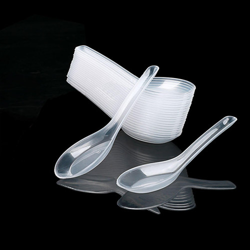 Disposable Clear Plastic Spoons, 50 PCS Asian Soup Spoons,Chinese Spoons,tasting spoon,front dish spoon,Plastic Cutlery(Clear flat bottom)