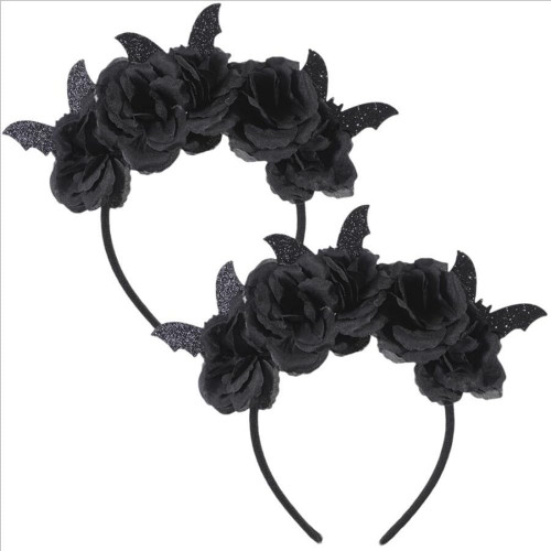 YOWOCAL Halloween Bat and Flower Headbands,2Pcs Cosplay Black Floral Bat Hair Hoop Hair Accessories for Carnival Party Halloween Costume Cosplay Photo Props