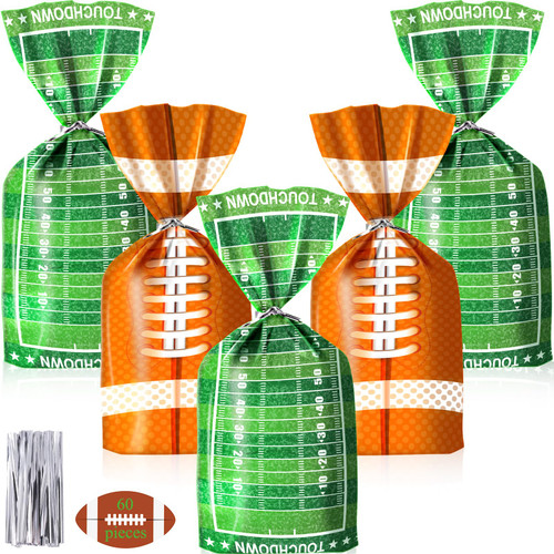 Jetec 60 Pcs Football Party Favors Football Treat Bags Plastic Football Gift Bags Heat Sealable Cellophane Football Goodie Bags Football Party Bags Candy Bags with Twist Ties for Party Sports Event