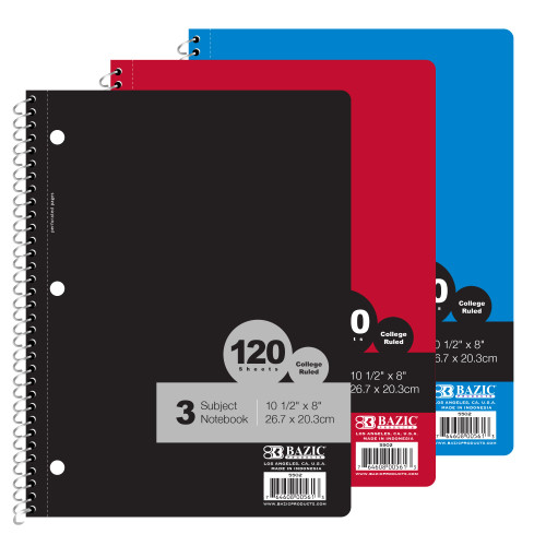 BAZIC Subject Notebook 3 Subject College Ruled 120 Sheets Notebooks, COLOR MAY VARY, School Office, 3 Count