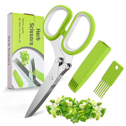 Herb Scissors,5 Blade Kitchen Herb Shears Herb Cutter with Safety Cover and Cleaning Comb for Chopping Basil Chive Parsley, Stainless Steel, Sharp Dishwasher Safe Kitchen Gadget