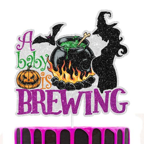 A Baby Is Brewing Witch Cake Topper - It's the perfect Halloween-themed baby brew party and witch pregnancy party bat and cauldron decoration A Baby Is Brewing Witch Cake Topper - It's the perfect Halloween-themed baby brew party and witch pregnancy party bat and cauldron decoration