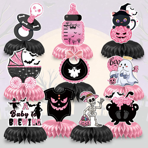 9pcs Halloween Tables Centerpieces, Pink Baby Shower Honeycomb Centerpieces Halloween Gender Reveal Party Decorations Ghost Bat Skull Pumpkin Table Toppers for Halloween Birthday Party Favor Supplies