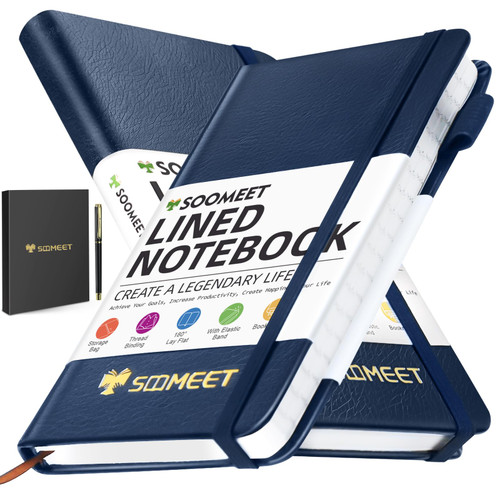 Soomeet Lined Pocket Notebook Journal for Women Men, Total 400 Pages, Mini Small Hardcover Leather Journals for Writing Travel Business Work & School, College Ruled Notebooks for Note Taking Diary Notepad, 3.5" x 5.7"(Blue)