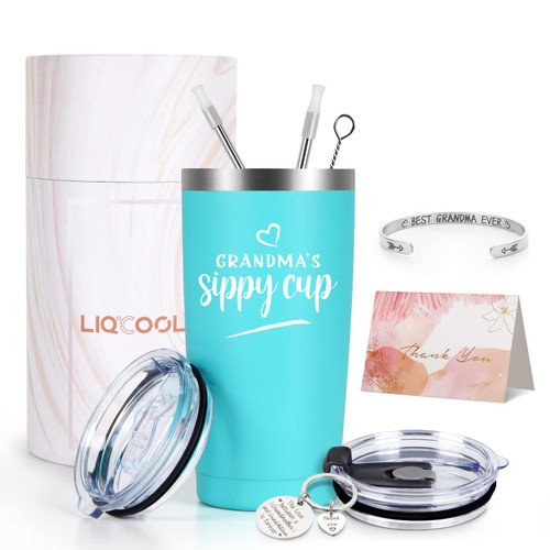 LiqCool Grandma Gifts, Mothers Day Gifts for Grandma, Christmas Gifts for Grandma from Grandchildren, Grandma Tumbler, Grandma's Sippy Cup, 20oz Tumbler with Keychain Best Grandma Ever Bracelet (Mint)