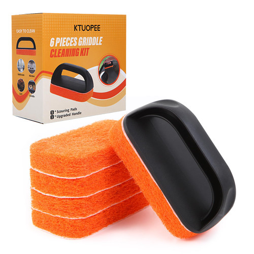 Upgraded 6-Piece Griddle Cleaning Kit for Blackstone, Flat Top Grill Cleaner Non-Scratch Scouring Pads for Kitchen - Heavy-Duty 5 Griddle Scrubber Pads with 1 Handle