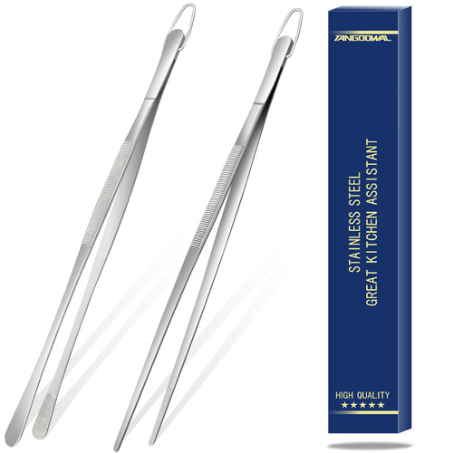 Tangoowal 2 Pcs 12-Inch Fine long Tweezer Tongs for Cooking, Stainless Steel Kitchen & Cooking Tweezers Tongs