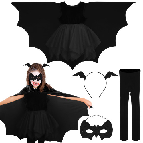 Fovths Halloween Kids Vampire Bat Costume Cosplay Dress Bat Eye Mask Bat Headband for Black Bat Role Play Set