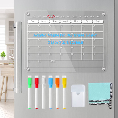 Acrylic Magnetic Dry Erase Board Calendar for Fridge, Clear Dry Erase Board Calendar for Fridge Reusable Planner (16"x12"Inches)