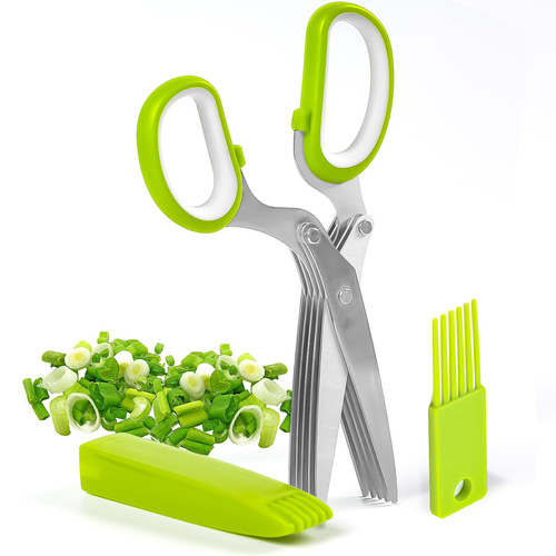 Herb Scissors,5 Blade Kitchen Herb Shears Herb Cutter with Safety Cover and Cleaning Comb for Chopping Basil Chive Parsley, Stainless Steel, Sharp Dishwasher Safe Kitchen Gadget - Green