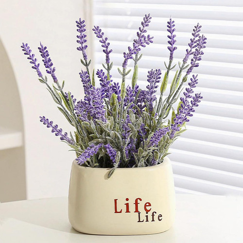 Fake Plants Artificial Lavender Flowers with Vase, Faux Silk Flower in Vase, Fake Lavender Plants in Pot Realistic plant for Home Kitchen Table Centerpiece office Bookshelf Farmhouse Party Decor
