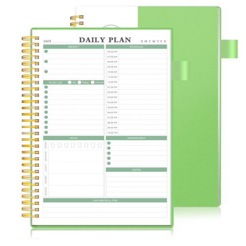 Daily Planner Undated, Daily Schedule Planner, ALLTREE Undated Planner, Spiral Daily To Do List Planner with Meal Tracker, Appointment, Hourly Schedule, Pocket, Pen Loop, Organizer Notebook for Men & Women, 160 Pages, Green (7"x10")