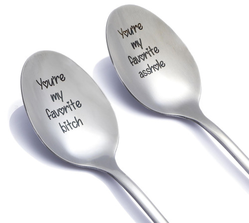 Kinsynko Ice Cream Coffee Spoon Engraved Funny You Are My Favorite Asshole and Bitch Stainless Steel Couple Spoon Set for Valentines Day Gifts, Gift Boxed