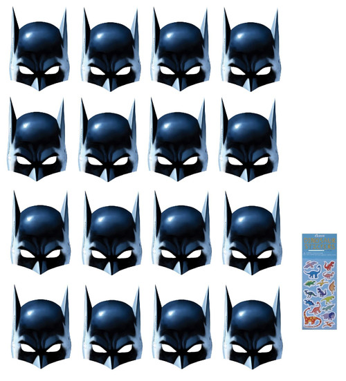 Unique Batman Super Hero Birthday Party Supplies Favor Bundle includes 16 Party Paper Masks with 1 Dinosaur Sticker Sheet
