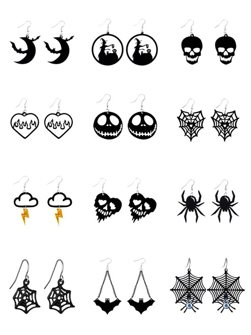 12 Pairs Black Halloween Dangle Earrings Set Bat Witch Spider Web Skull Drop Dangle Earring for Women Girls Halloween Jewelry Gift 12 Pairs Black Halloween Dangle Earrings Set Bat Witch Spider Web Skull Drop Dangle Earring for Women Girls Halloween Jewelry Gift
