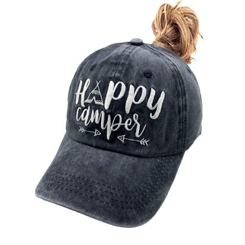 LOKIDVE Women's Happy Camper Ponytail Hat Messy High Bun Distressed Baseball Cap Navy LOKIDVE Women's Happy Camper Ponytail Hat Messy High Bun Distressed Baseball Cap Navy