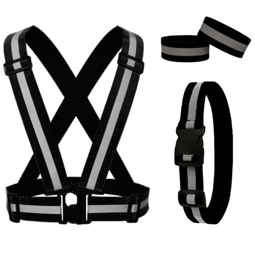 RUISHYY Reflective Running Gear Reflective Vest & Reflective Armband & Reflective Belt 3 Pcs Set, High Visibility Reflective Gear Night Cycling Walking Safety Vest Straps for Men Women Kids (Black)