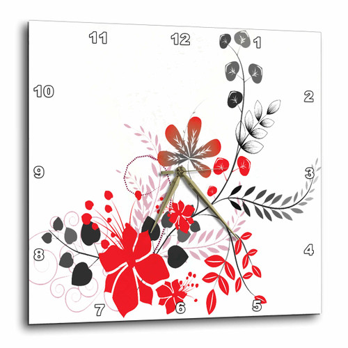 3D Rose Red and Charcoal Gray Flowers with Leafy Flourishes Wall Clock, 10" x 10"