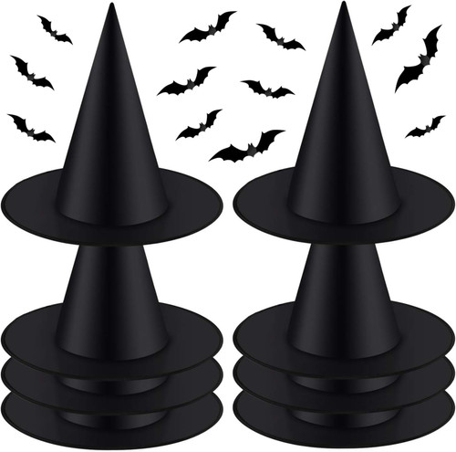 8 Pack Halloween Witch Hats, Black Hanging Witch Hats Halloween Costume Witch Hat Cap Floating Wizard Hats with 12 Pcs 3D Bats Stickers and 66 Yards Hanging Rope for Halloween Yard Decoration