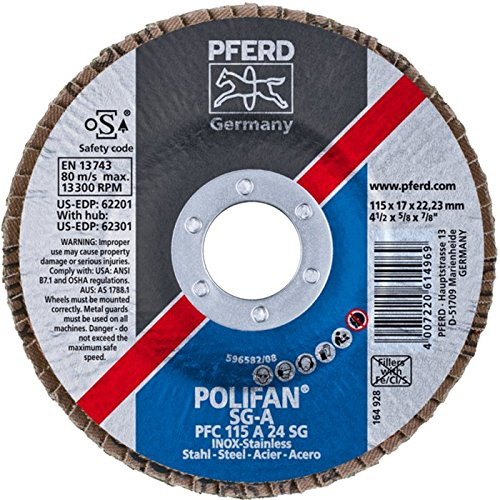 PFERD Polifan SG Abrasive Flap Disc, Type 29, Round Hole, Phenolic Resin Backing, Aluminum Oxide, 5" Dia., 60 Grit (Pack of 1) PFERD Polifan SG Abrasive Flap Disc, Type 29, Round Hole, Phenolic Resin Backing, Aluminum Oxide, 5" Dia., 60 Grit (Pack of 1)