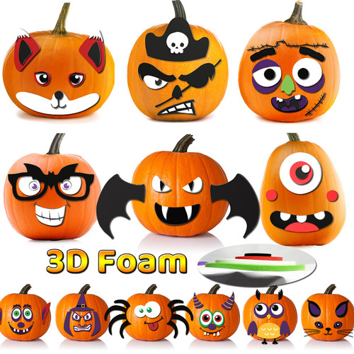Danvren Halloween 3D Foam Pumpkin Decorating Stickers Jack-O-Lantern Face Decals Funny Expressions Spider Bat Crafts Halloween Treat Party Decorations for Kids (12 Faces)