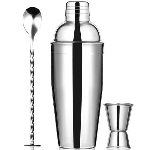 FNT Cocktail Shaker Set 24oz, Martini Shaker, Bartender Set, 18/8 Stainless Steel Drink Shaker with Built-in Strainer, Measuring Jigger & Mixing Spoon, Professional Bar Tools Set for Bartender