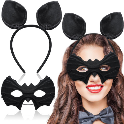 Dingion Halloween Bat Eye Mask and Bat Ears Headband Black Bat Face Mask for Adults and Kids, Cosplay Dress up Costume Party Accessories, 7.1 x 4.7 inches