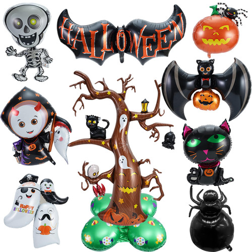 9 Pieces Halloween Balloons Halloween Decor Supplies, Bat Pumpkin Ghost Skeleton Cat Spider Horror Party balloons for Halloween Decorations Outdoor