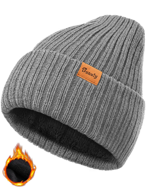 Grey Beanie Hats for Men Women Thermal Stocking Caps Warm Winter Hat Snow Skull Caps Daily Fall Spring Knit Cookies Beanie Striped Cuffed Beanie for Toboggan Ski Skate Hiking Golf