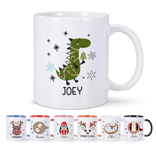 Christmas Mugs Personalized Name Christmas Coffee Mug Kids Hot Chocolate Mug Hot Cocoa Mug 11oz Ceramic Tea Cup Snowman Elk Gingerbread Dinosaur Mug Customized Birthday Christmas Winter Holiday Gifts